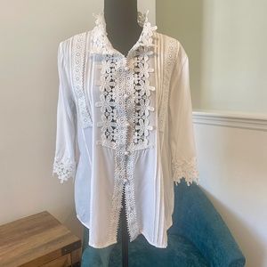 Collection by Cezele Button up blouse, White, L, NWOT, Eyelet Lace